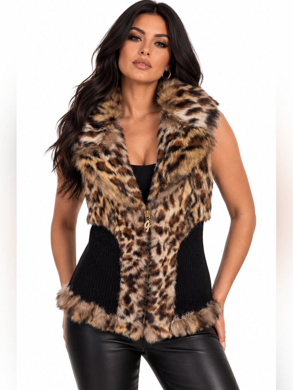 GUESS Y2K Leopard Genuine Rabbit Fur Leopard Print Wool Zip Vest Large